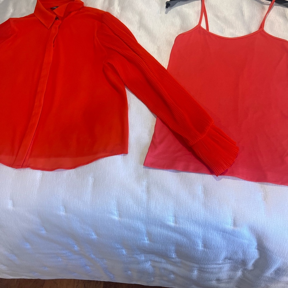 Zara Romantic Pleated Sleeved Coral Top, With Camisole - Picture 5 of 8